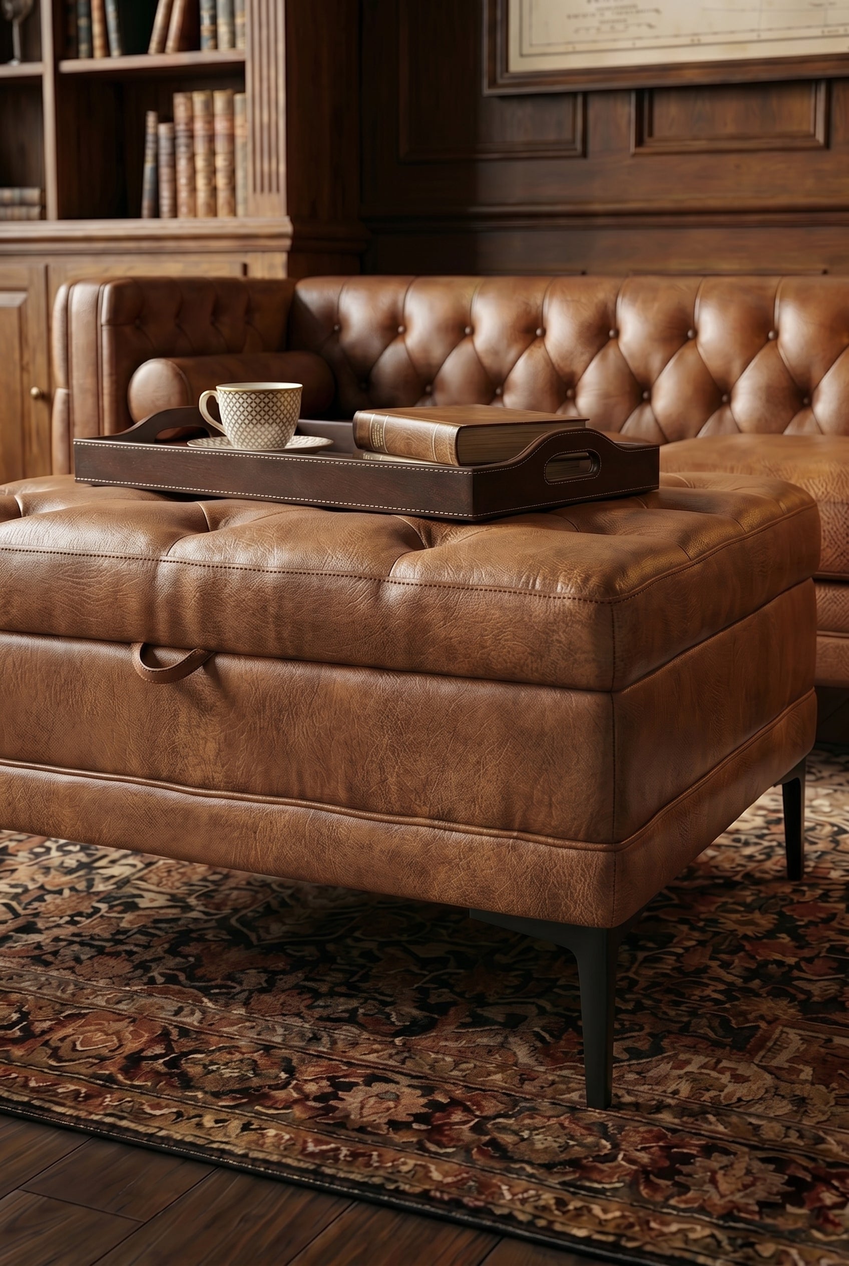 Square Faux Leather Storage Ottoman Coffee Table | Button-Tufted Ottoman with Metal Legs, Hidden Storage for Living Room