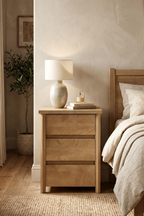 Modern Wooden Nightstand with Mid-Century Tone, Gallery Rail Top, 3 Drawers and Charging Outlet, Fits Any Home Style