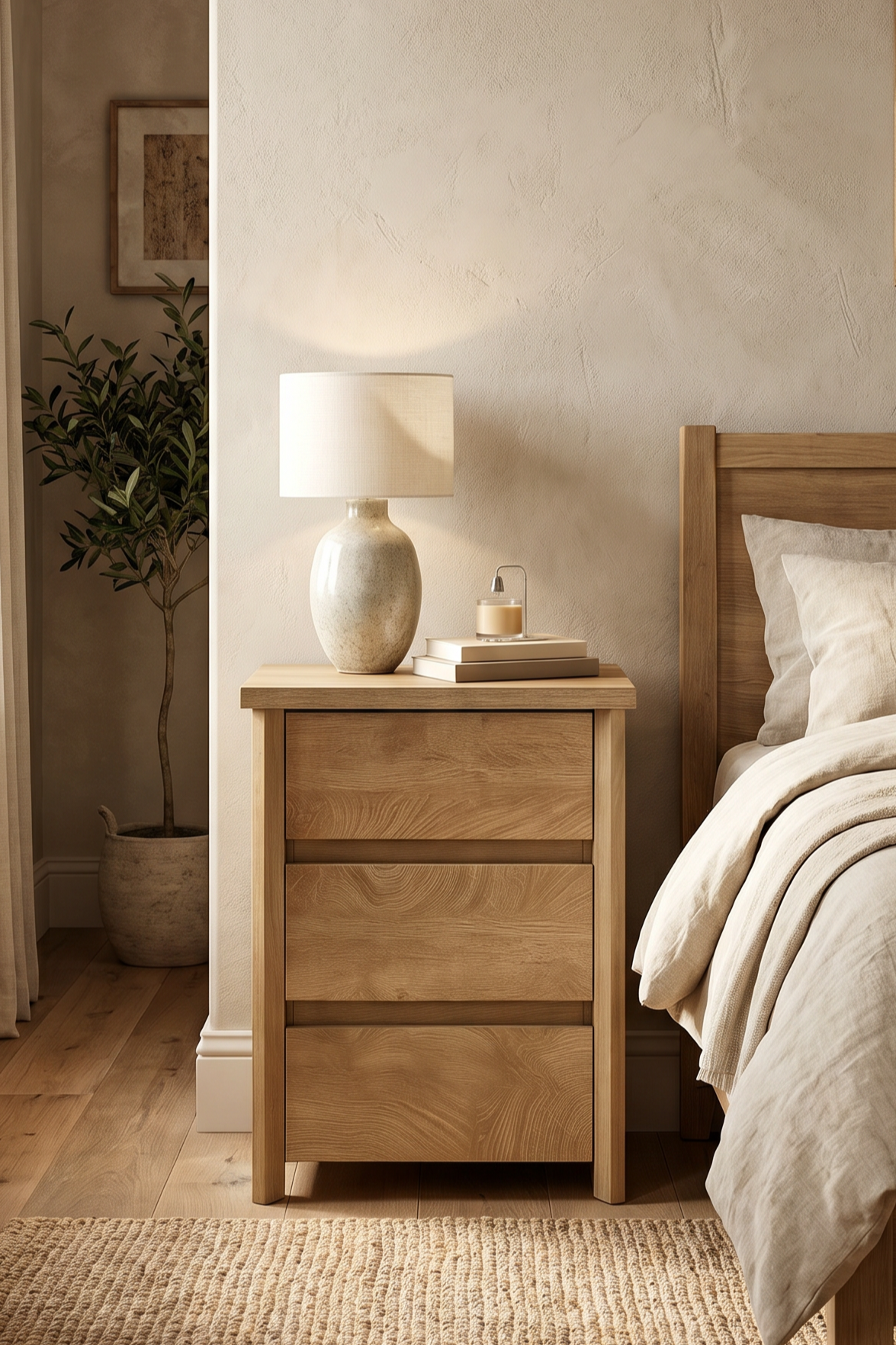 Modern Wooden Nightstand with Mid-Century Tone, Gallery Rail Top, 3 Drawers and Charging Outlet, Fits Any Home Style