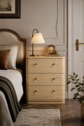 Modern Wooden Nightstand with Mid-Century Tone, Large Round Corners & Raised Round Platform Drawer Fronts, 3 Drawers and Charging Outlet, Fits Any Home Style
