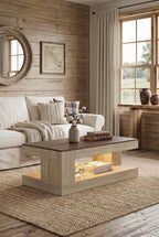 47" Farmhouse Rectangular Coffee Table | 2-Tier Rustic Wood Center Table with LED Light & Open Storage Shelf for Living Room