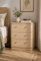 Modern Wooden Nightstand with Mid-Century Tone, Large Round Corners & Raised Round Platform Drawer Fronts, 3 Drawers and Charging Outlet, Fits Any Home Style