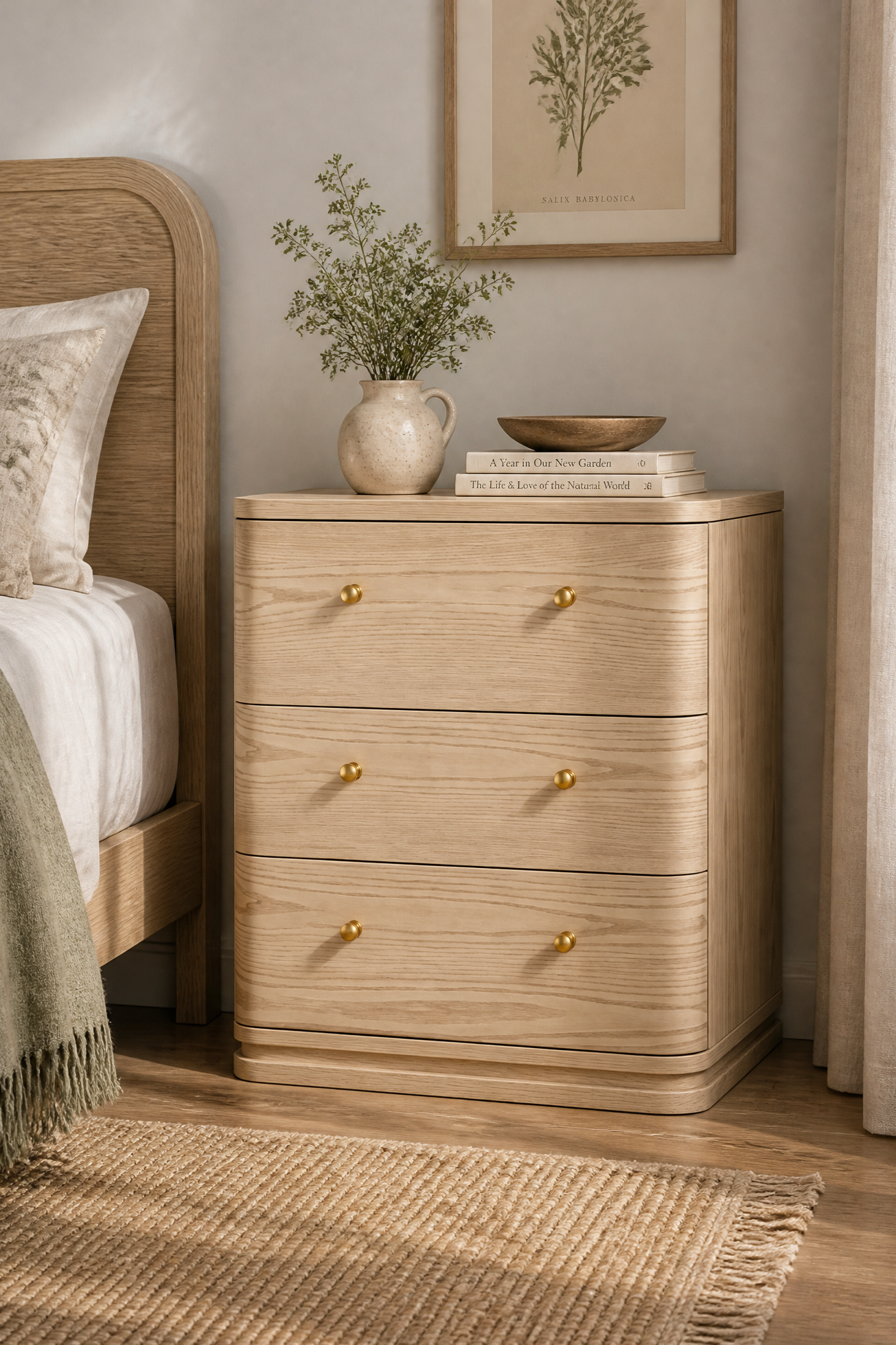 Modern Wooden Nightstand with Mid-Century Tone, Large Round Corners & Raised Round Platform Drawer Fronts, 3 Drawers and Charging Outlet, Fits Any Home Style