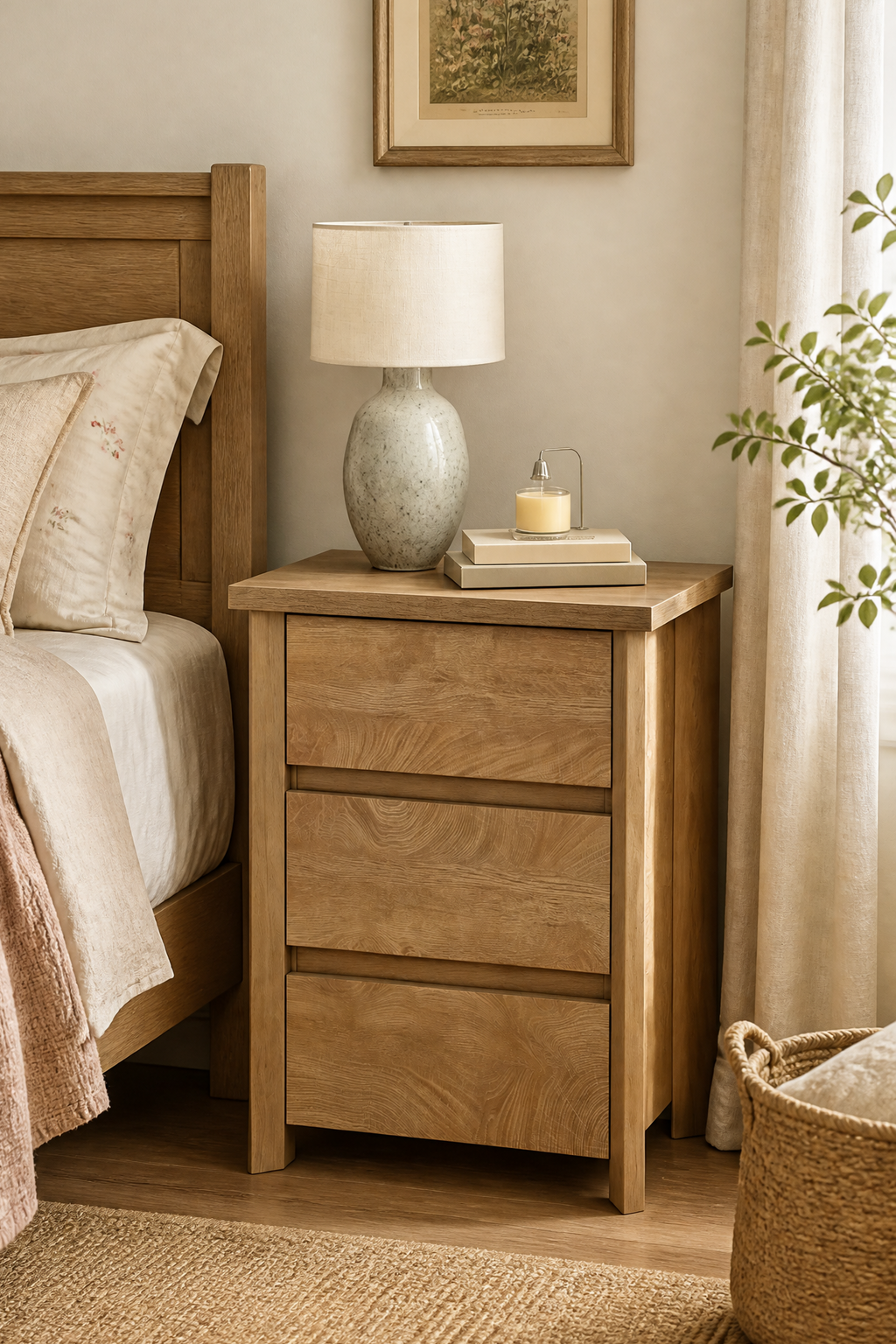 Modern Wooden Nightstand with Mid-Century Tone, Gallery Rail Top, 3 Drawers and Charging Outlet, Fits Any Home Style