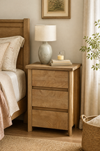 Modern Wooden Nightstand with Mid-Century Tone, Gallery Rail Top, 3 Drawers and Charging Outlet, Fits Any Home Style