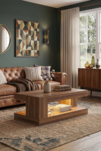 47" Farmhouse Rectangular Coffee Table | 2-Tier Rustic Wood Center Table with LED Light & Open Storage Shelf for Living Room