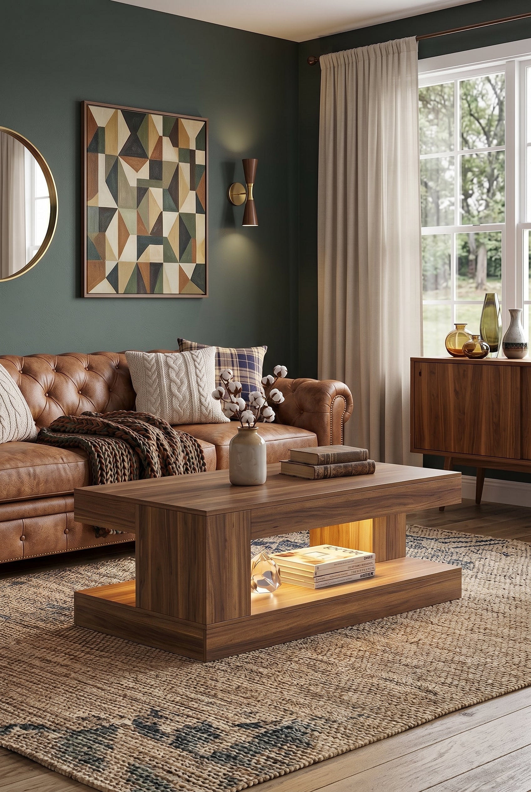 47" Farmhouse Rectangular Coffee Table | 2-Tier Rustic Wood Center Table with LED Light & Open Storage Shelf for Living Room