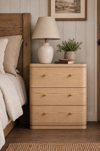 Modern Wooden Nightstand with Mid-Century Tone, Large Round Corners & Raised Round Platform Drawer Fronts, 3 Drawers and Charging Outlet, Fits Any Home Style