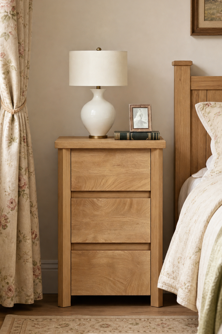 Modern Wooden Nightstand with Mid-Century Tone, Gallery Rail Top, 3 Drawers and Charging Outlet, Fits Any Home Style