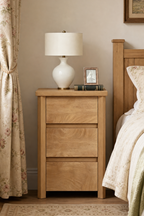 Modern Wooden Nightstand with Mid-Century Tone, Gallery Rail Top, 3 Drawers and Charging Outlet, Fits Any Home Style