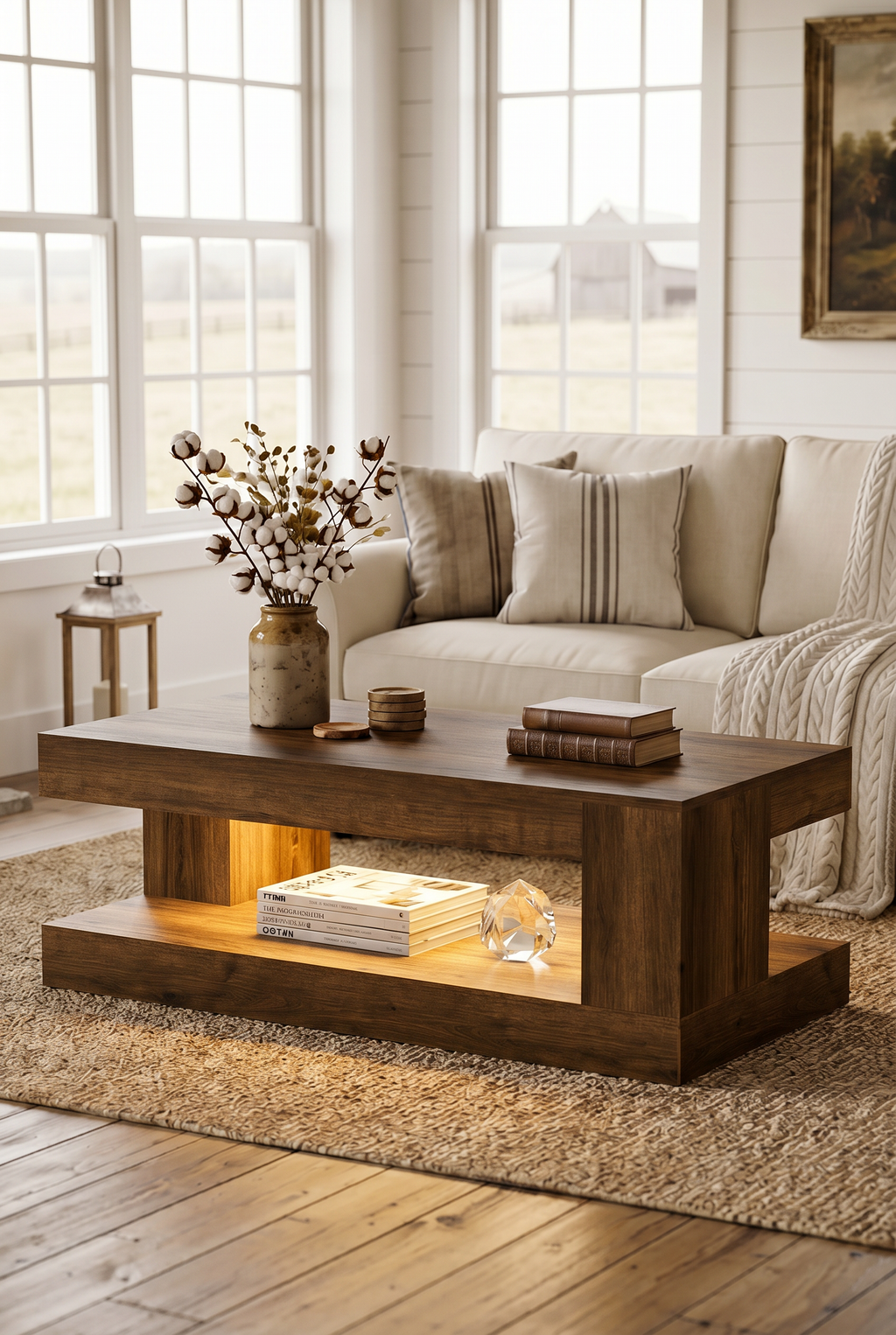 47" Farmhouse Rectangular Coffee Table | 2-Tier Rustic Wood Center Table with LED Light & Open Storage Shelf for Living Room