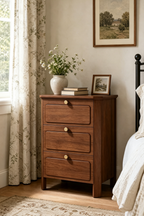 3-Drawer Modern Farmhouse Wooden Nightstand | Curved Recessed Panel Bedside Cabinet with Brass Knobs