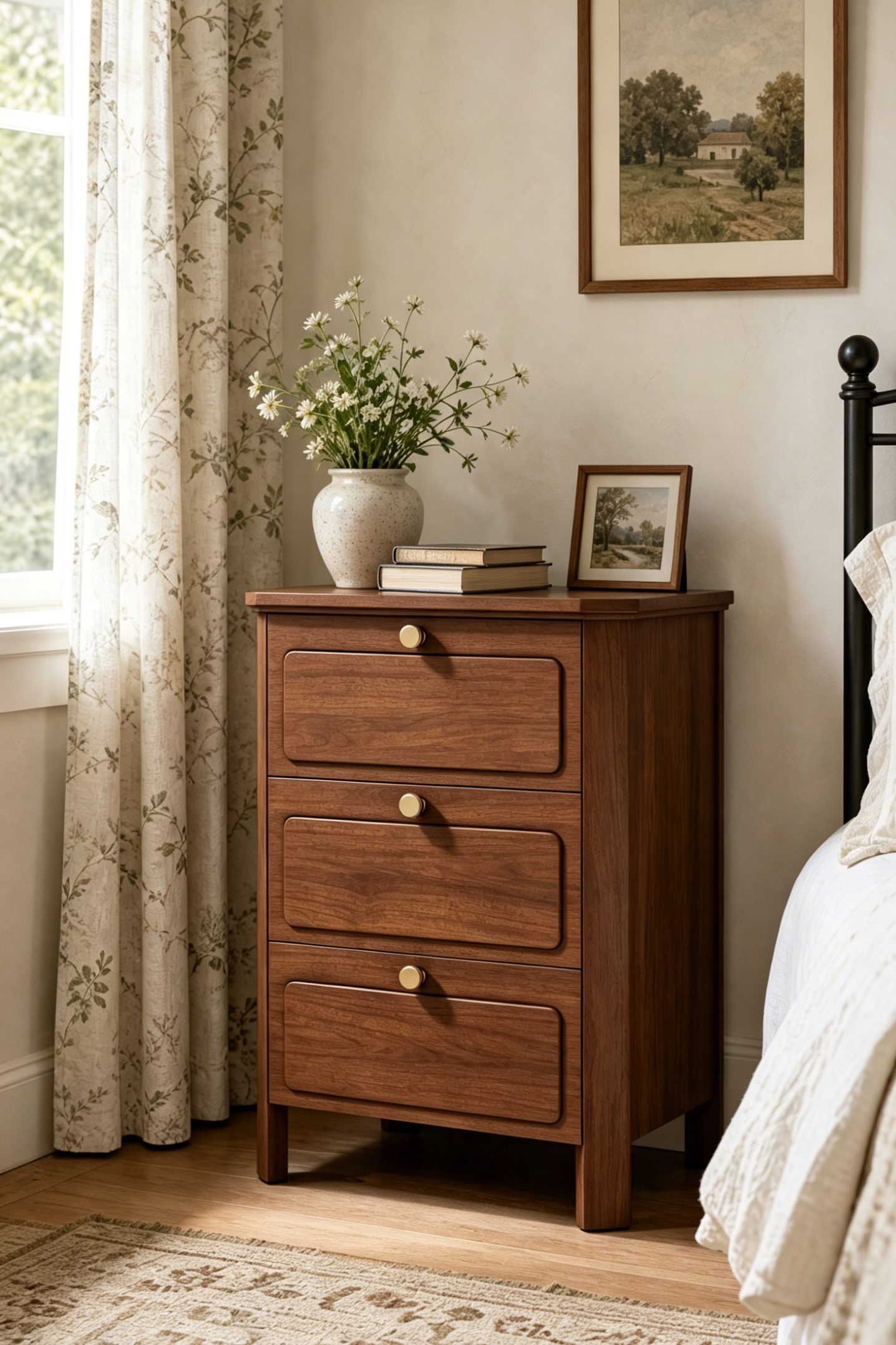 3-Drawer Modern Farmhouse Wooden Nightstand | Curved Recessed Panel Bedside Cabinet with Brass Knobs