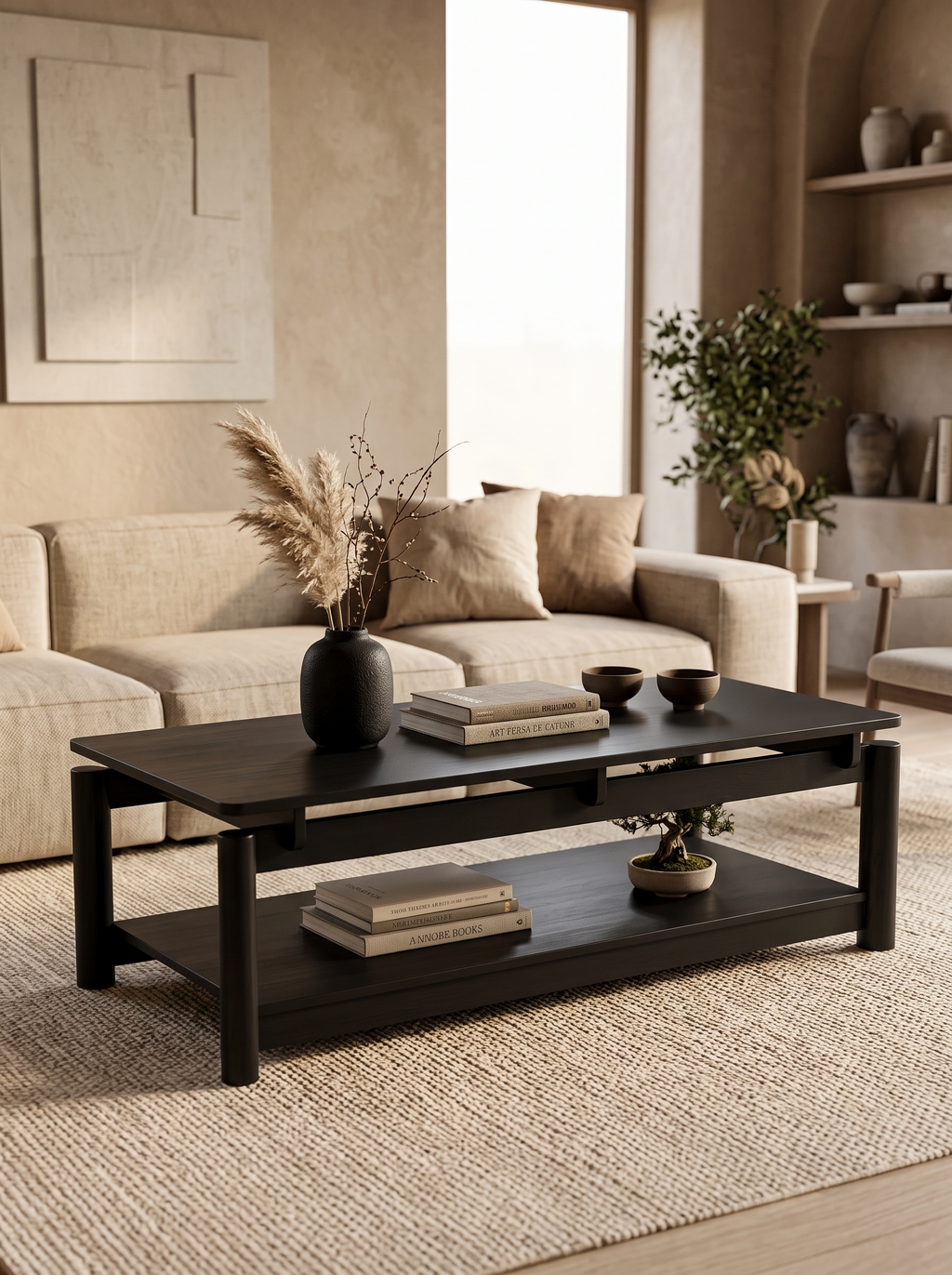 Rectangular Wooden Coffee Table with Lower Storage Shelf, Minimalist Low Profile Tea Table, Wabi-Sabi Solid Wood Look Cocktail Table for Living Room, Apartment