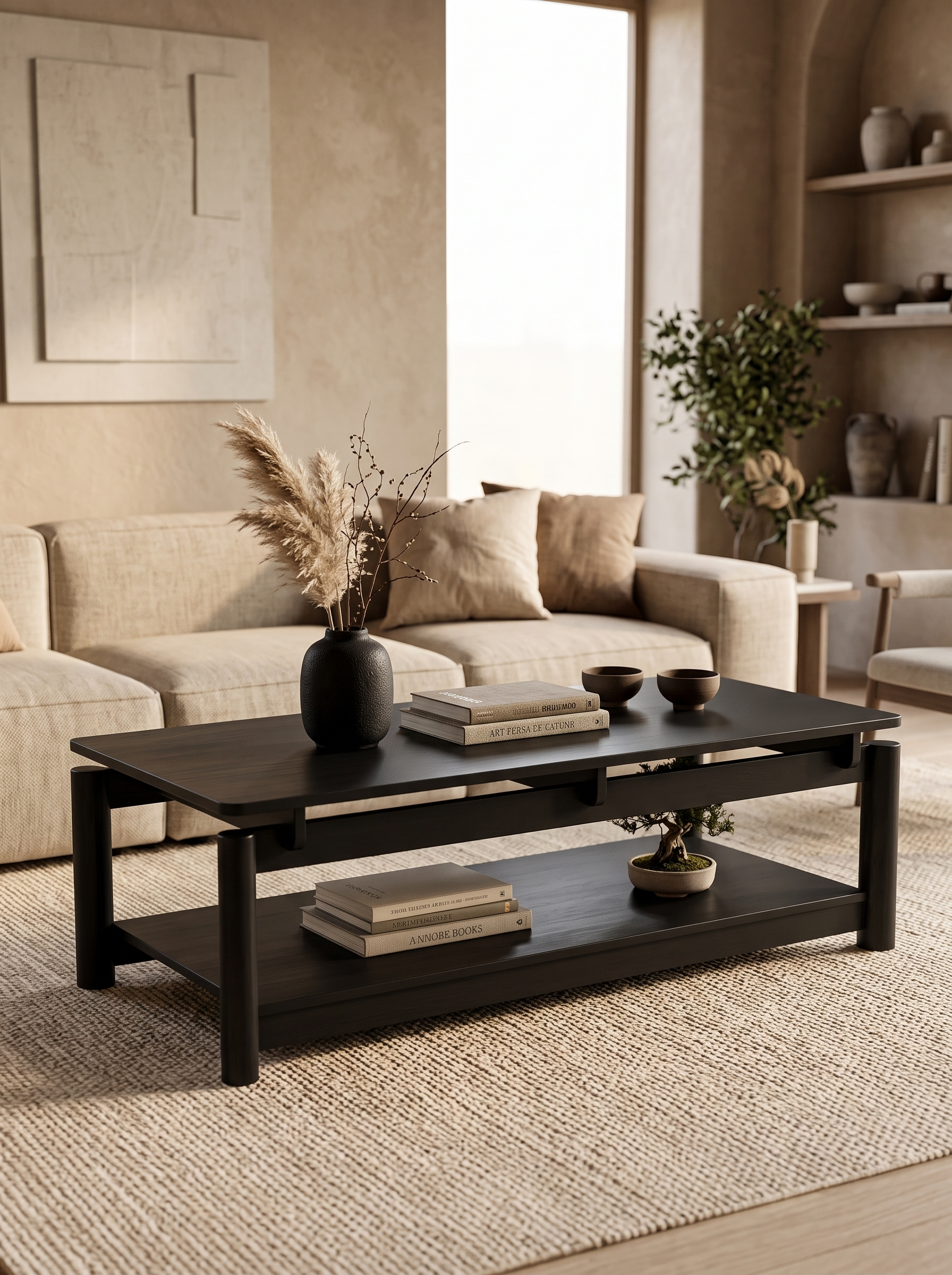 Rectangular Wooden Coffee Table with Lower Storage Shelf, Minimalist Low Profile Tea Table, Wabi-Sabi Solid Wood Look Cocktail Table for Living Room, Apartment