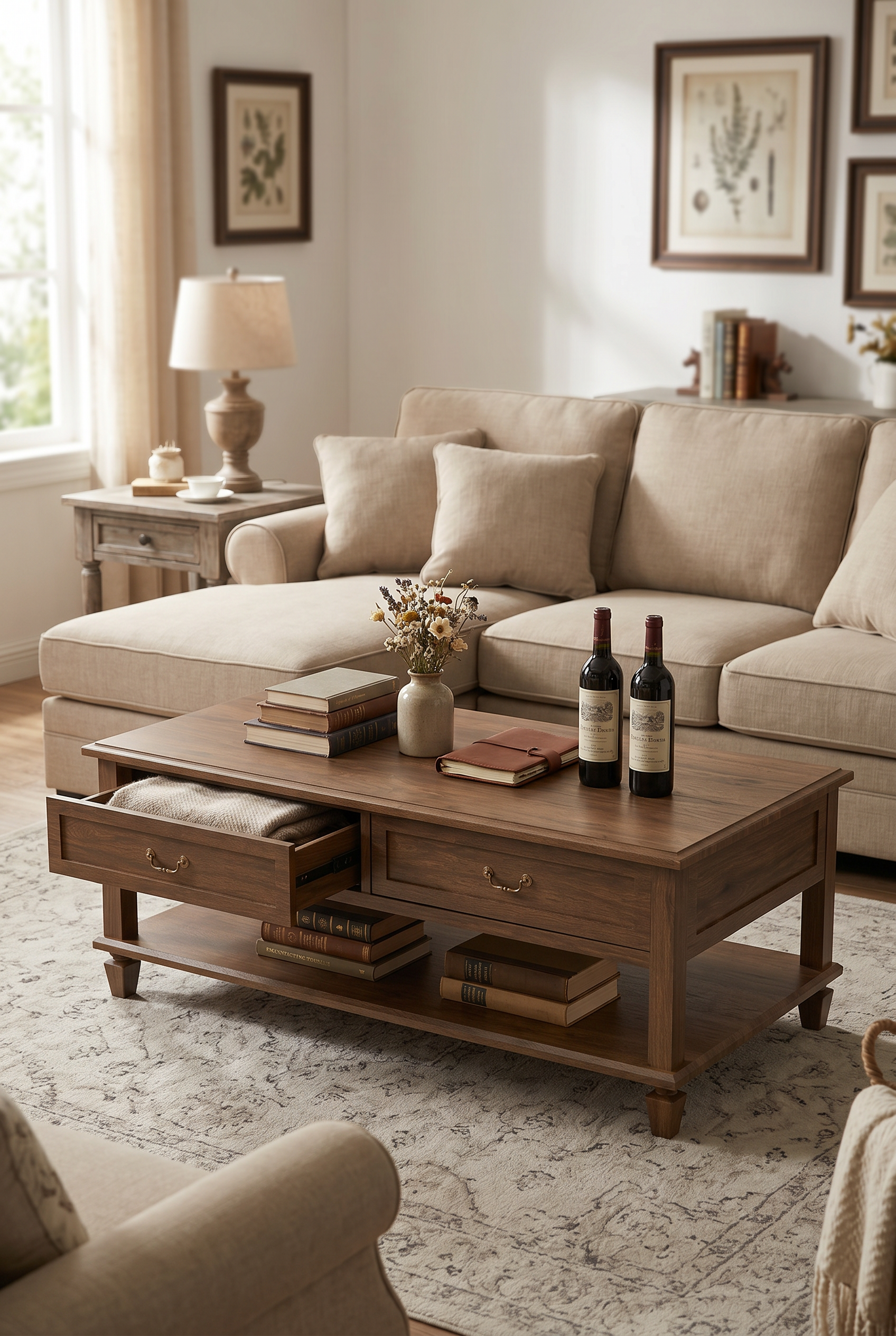 47.5" Wide Rustic Wood Coffee Table with Drawers, Vintage Rectangular Center Table with 2 Drawers & Open Lower Shelf, Solid Wood Look Cocktail Tea Table for Living Room, Apartment & Office