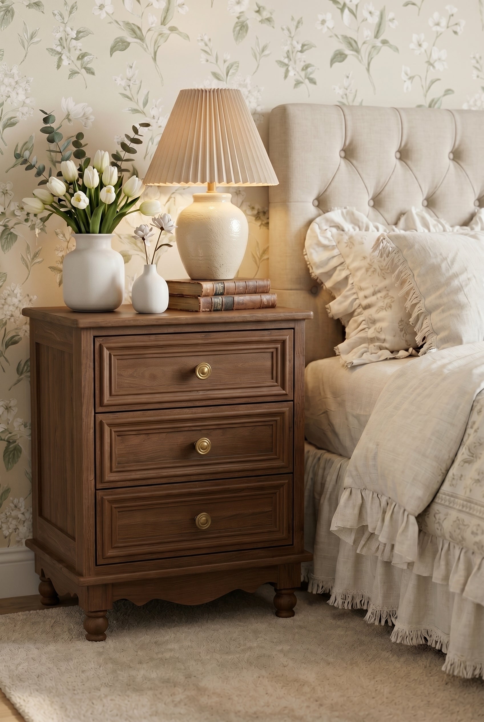 Traditional 3-Drawer Wooden Nightstand | Farmhouse Bedside Cabinet with Scalloped Base & Brass Knobs