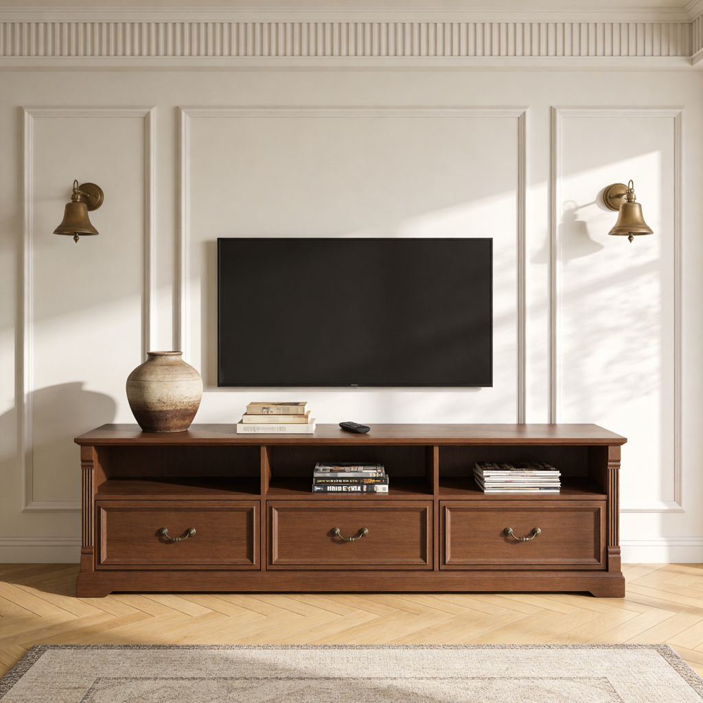 3-Drawer Farmhouse Wooden TV Stand, Long Rectangular Media Console with Open Cubby Storage & Vertical Fluted Trim, Vintage Entertainment Center for Living Room
