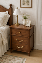 3-Drawer Vintage Wooden Nightstand | Turned Post Bedside Cabinet with Mixed Brass Hardware & Tapered Legs