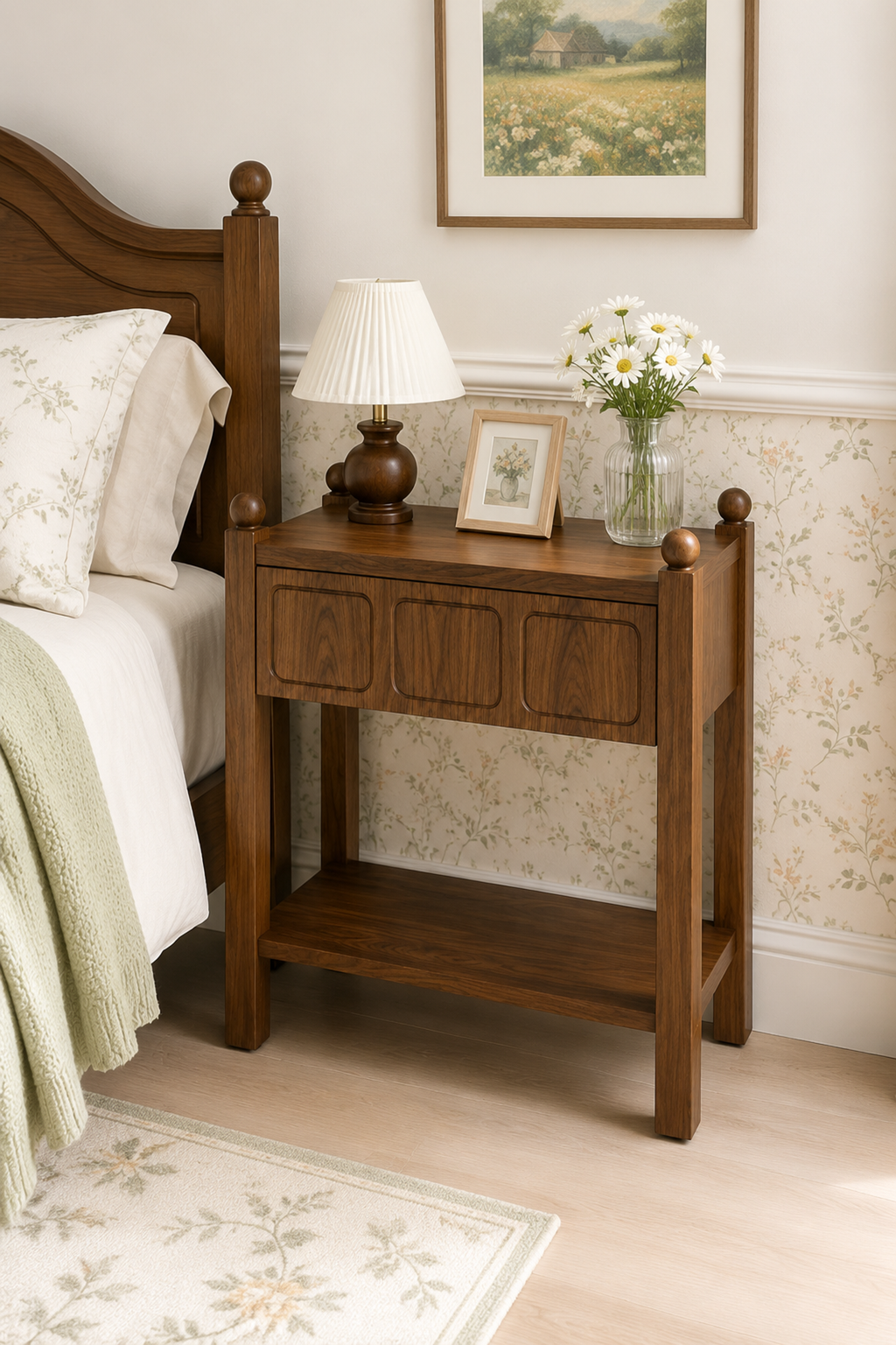 2-Style Vintage Wooden Nightstand Collection | Scalloped Drawer & Recessed Panel Open Storage Bedside Table with Ball Turned Posts