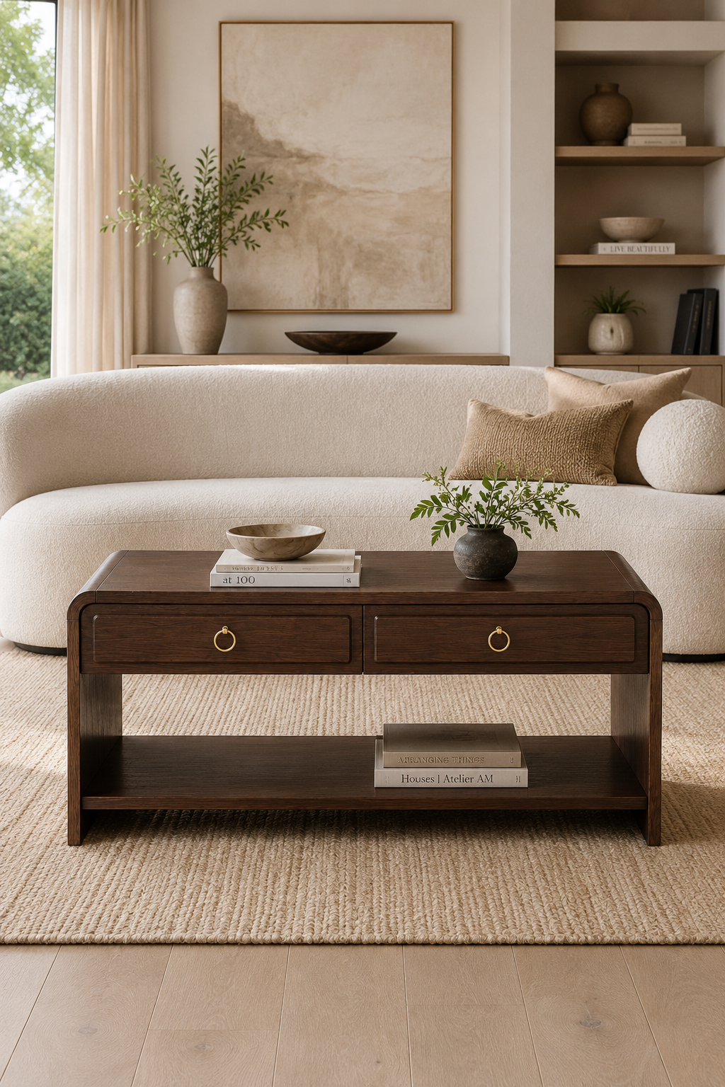 2-Drawer Curved Edge Wooden Coffee Table | Rectangular Storage Center Table with Open Bottom Shelf & Round Brass Ring Pulls