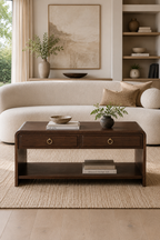 2-Drawer Curved Edge Wooden Coffee Table | Rectangular Storage Center Table with Open Bottom Shelf & Round Brass Ring Pulls