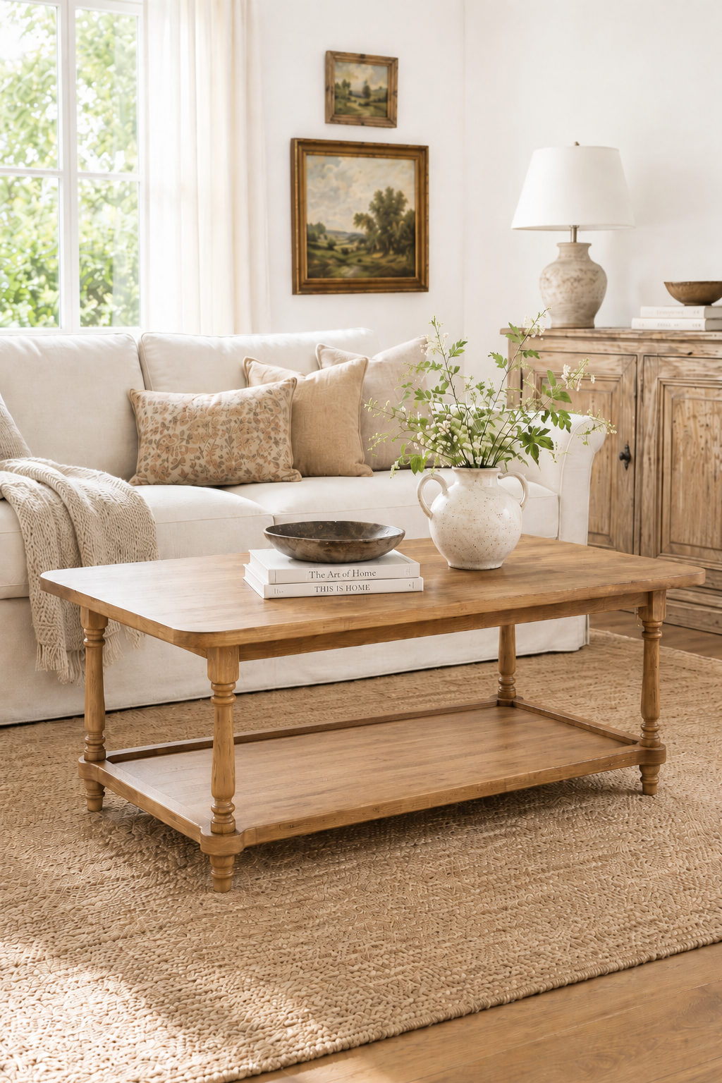 2-Tier Turned Spindle Leg Wooden Coffee Table, Rectangular Farmhouse Cocktail Table with Full Open Lower Storage Shelf, Vintage Traditional Living Room Center Table