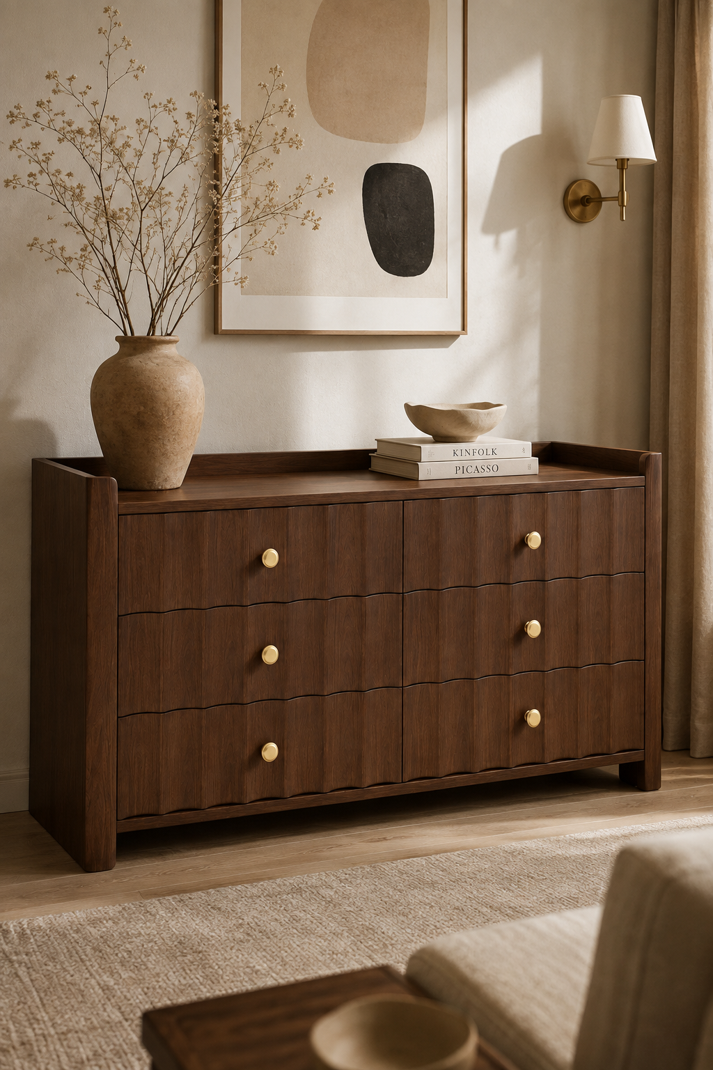 Wooden Wide Dresser with 6 Drawers, Wave Textured Chest of Drawers with Metal Knobs, Modern Rustic Storage Cabinet for Bedroom, Large Capacity Clothing Organizer