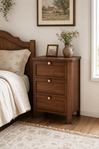 3-Drawer Modern Farmhouse Wooden Nightstand | Curved Recessed Panel Bedside Cabinet with Brass Knobs