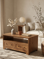 2-Drawer Rectangular Wooden Coffee Table | Farmhouse Storage Center Table with Open Compartment & Round Wood Knobs