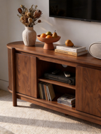 Fluted Curved TV Stand Media Console, Rounded Edge Wooden Entertainment Center with Slatted Side Panels, 2 Hidden Cabinet Doors & Open Middle Storage Compartment, Mid Century Modern TV Cabinet for Living Room