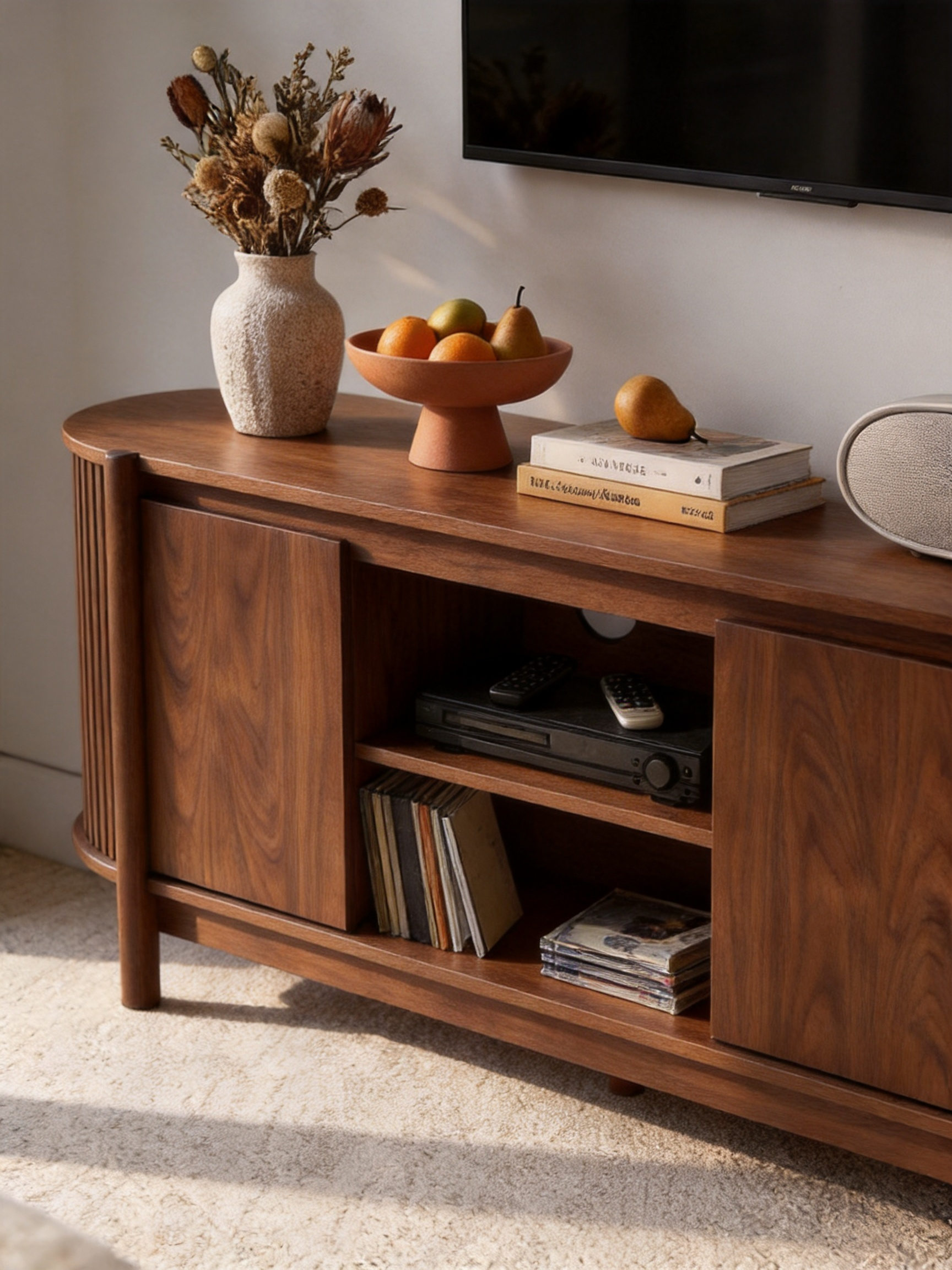 Fluted Curved TV Stand Media Console, Rounded Edge Wooden Entertainment Center with Slatted Side Panels, 2 Hidden Cabinet Doors & Open Middle Storage Compartment, Mid Century Modern TV Cabinet for Living Room
