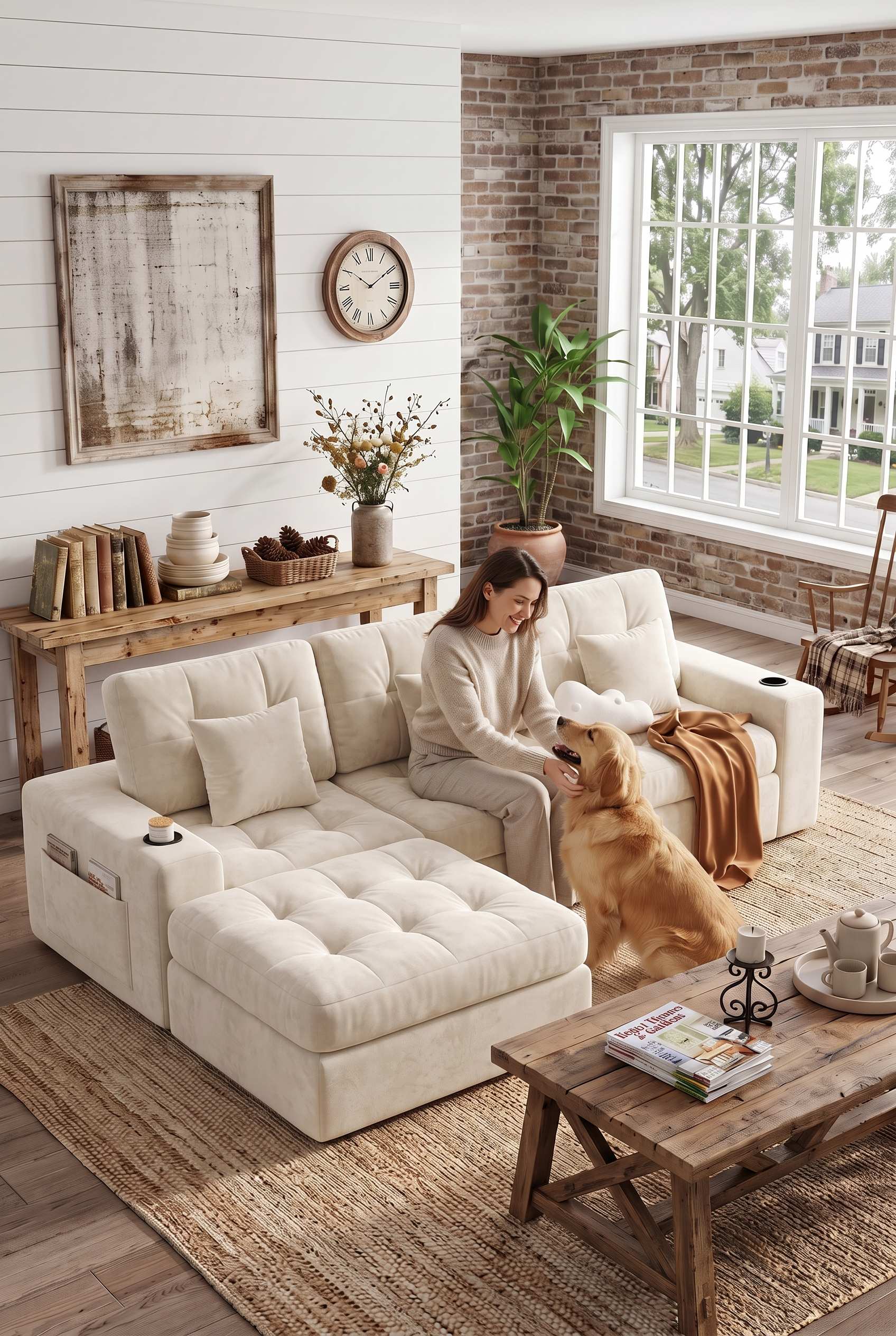113"/143" Modular Sectional Sofa, Convertible L-Shape & U-Shape Cloud Boneless Couch with Ottoman, Layered Cushion Upholstered Sofa for Living Room Apartment