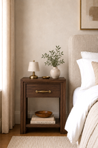 Single Drawer Wooden Nightstand | Open Bottom Shelf Bedside End Table with Horizontal Brass Bar Pull, Minimal Farmhouse Storage Nightstand