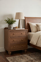 Traditional 3-Drawer Wooden Nightstand | Vintage Bedside Cabinet with Turned Legs & Brass Knobs