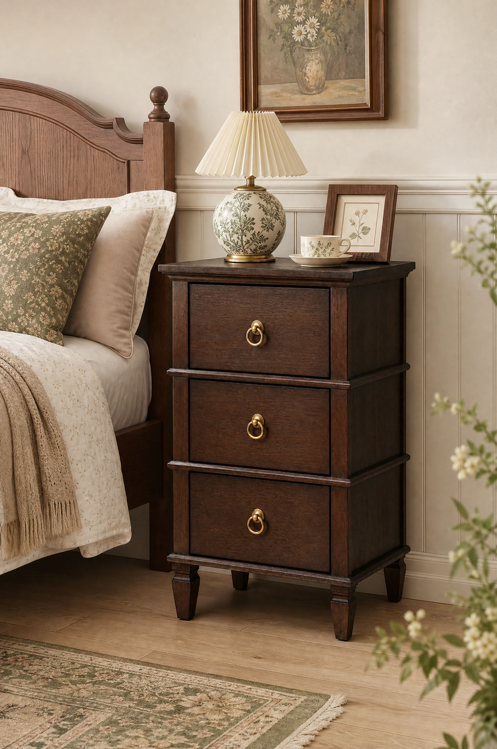 Traditional 3-Drawer Wooden Nightstand | Vintage Bedside Cabinet with Turned Legs & Brass Ring Pulls