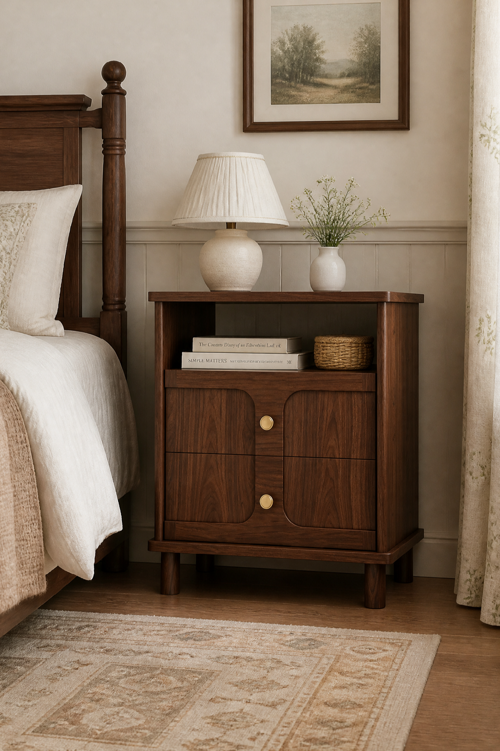 Mid-Century Modern Open Shelf Nightstand | Curved Panel Bedside Cabinet with Brass Knobs