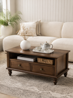 Farmhouse Rectangular Coffee Table with Turned Legs, Wooden Cocktail Table with 2 Storage Drawers & Open Compartment, Vintage Center Table for Living Room