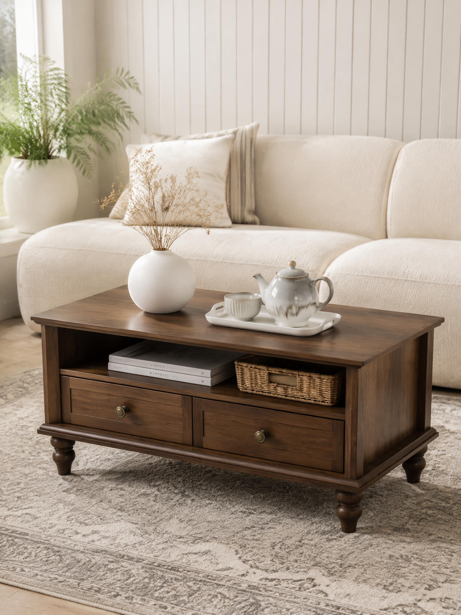 Farmhouse Rectangular Coffee Table with Turned Legs, Wooden Cocktail Table with 2 Storage Drawers & Open Compartment, Vintage Center Table for Living Room