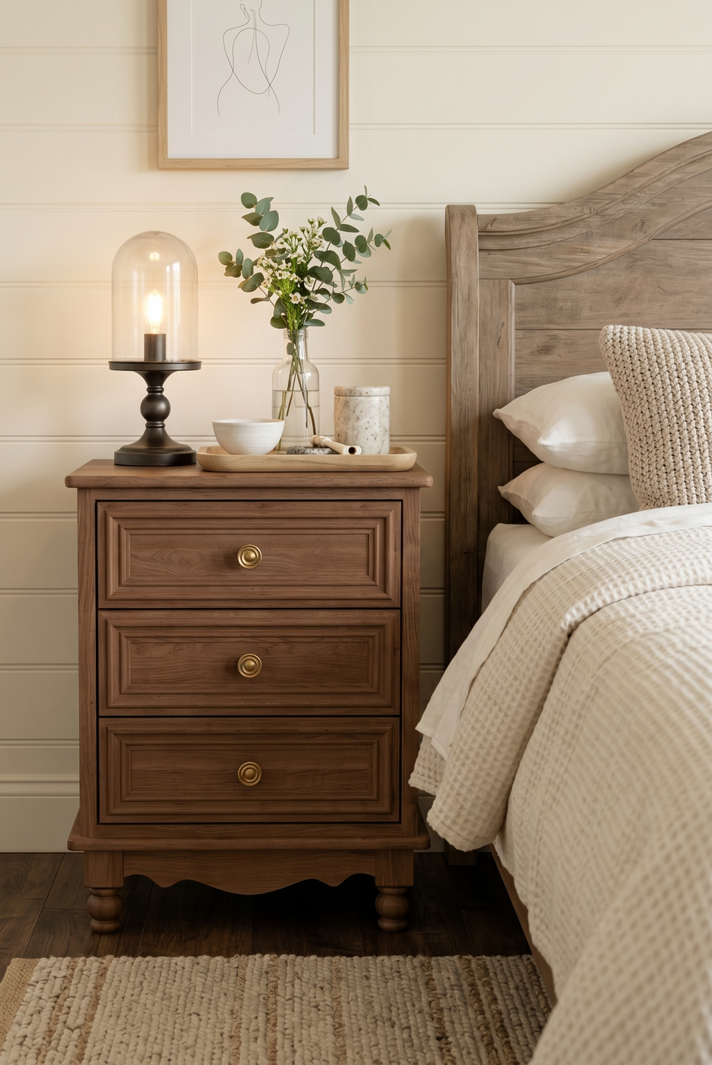 Traditional 3-Drawer Wooden Nightstand | Farmhouse Bedside Cabinet with Scalloped Base & Brass Knobs