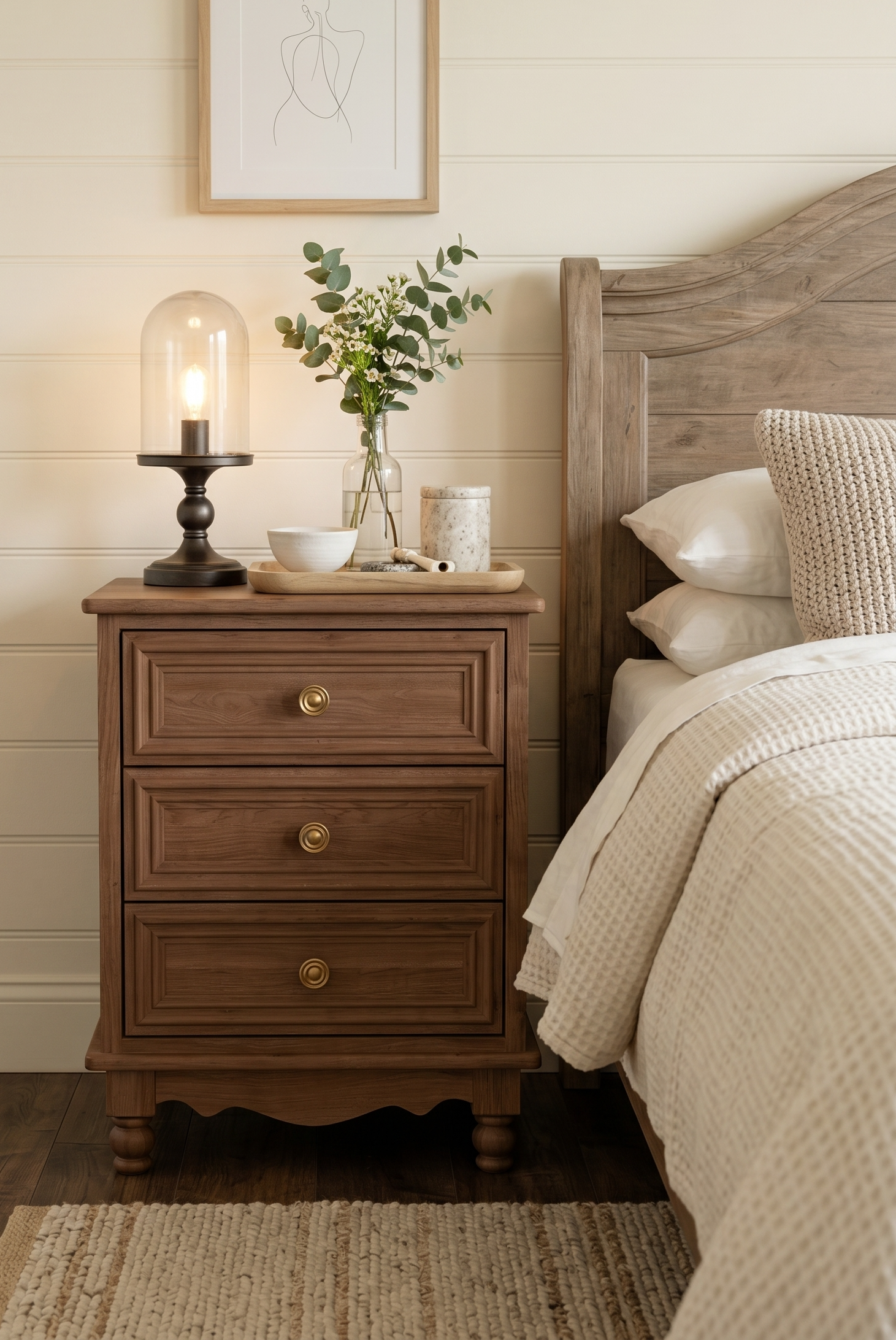Traditional 3-Drawer Wooden Nightstand | Farmhouse Bedside Cabinet with Scalloped Base & Brass Knobs