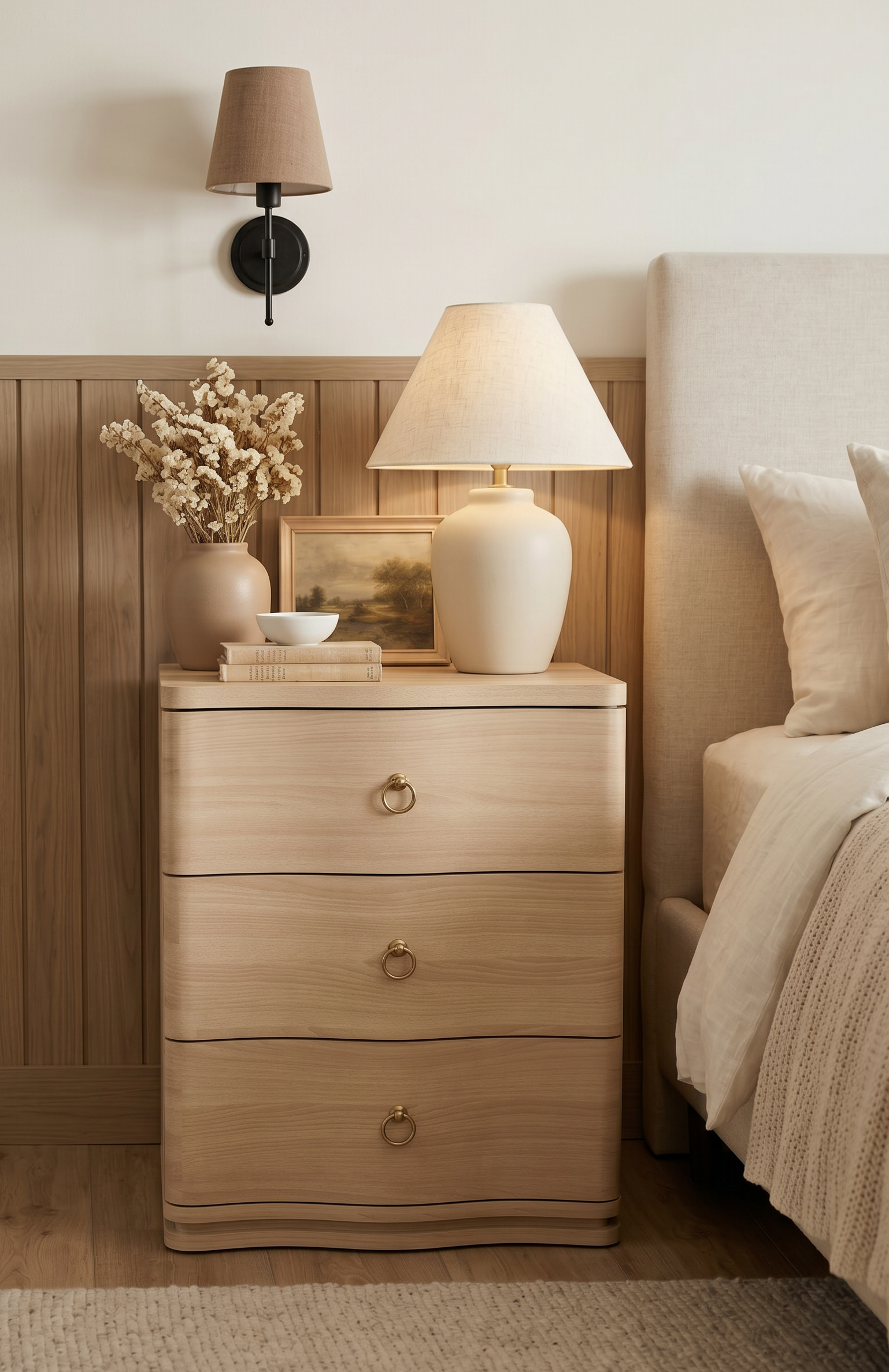 Curved 3-Drawer Wooden Nightstand | Modern Bedside Cabinet with Soft Rounded Edges &amp; Brass Ring Pulls