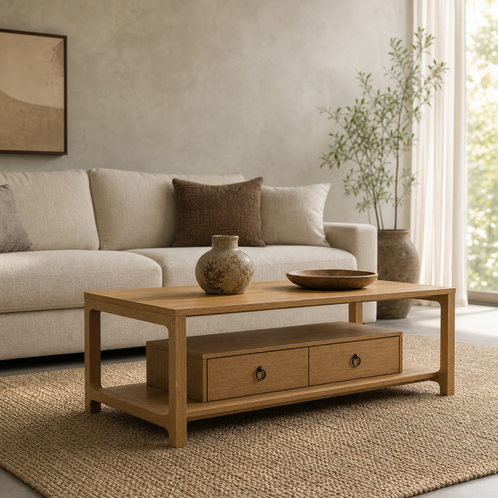Solid Wood Coffee Table with Dual Drawer Storage, Open Shelf Central Living Room Cocktail Table, Minimalist Low‑Profile Rectangular Tea Table for Living Space Organization