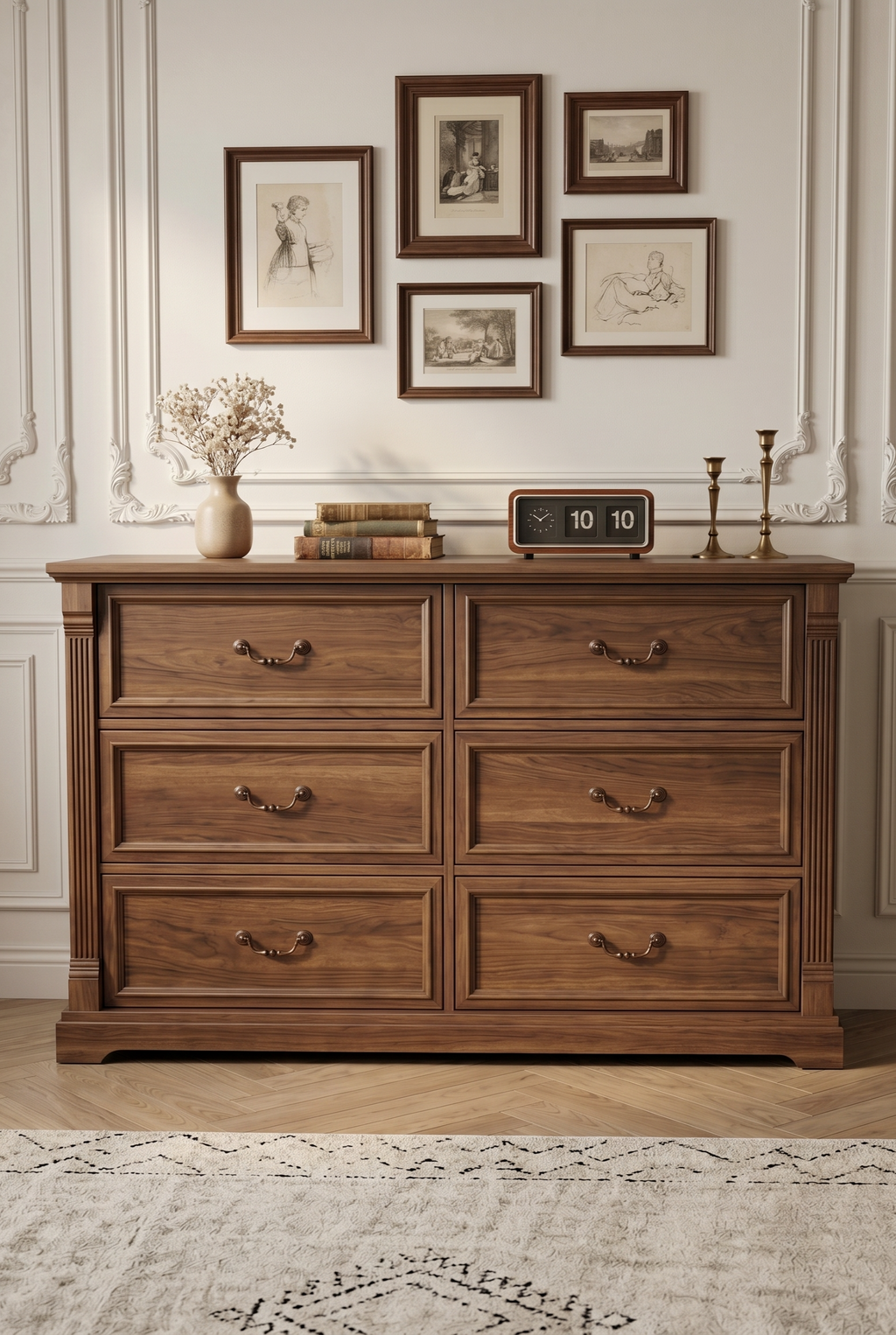 6-Drawer Traditional Wooden Dresser | Fluted Column Wide Storage Chest with Recessed Panel & Curved Metal Pulls