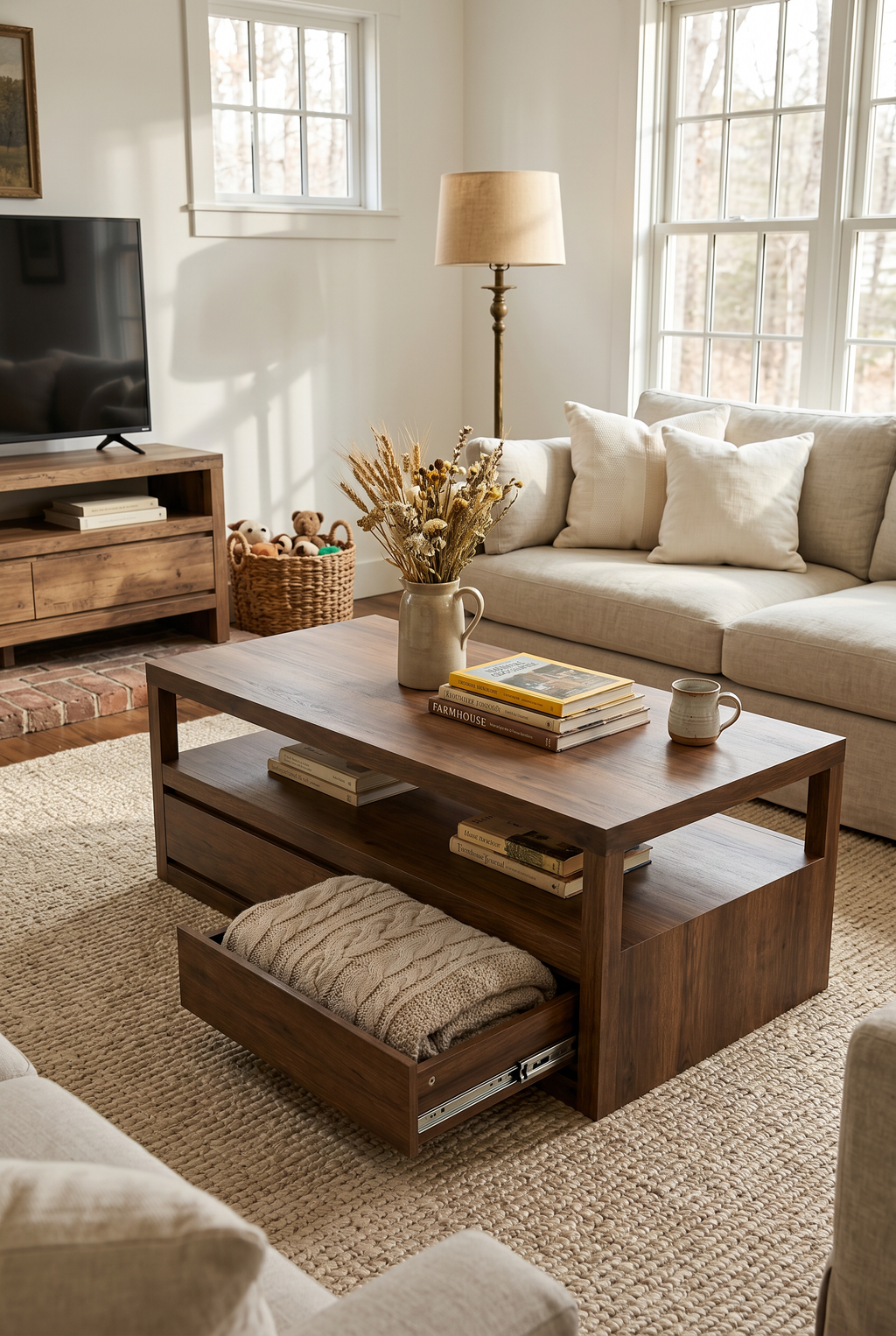 2-Drawer Open Frame Wooden Coffee Table, Rectangular Rustic Storage Center Table with Side Pull-Out Drawers & Wide Open Lower Shelf, Minimal Farmhouse Cocktail Table for Living Room