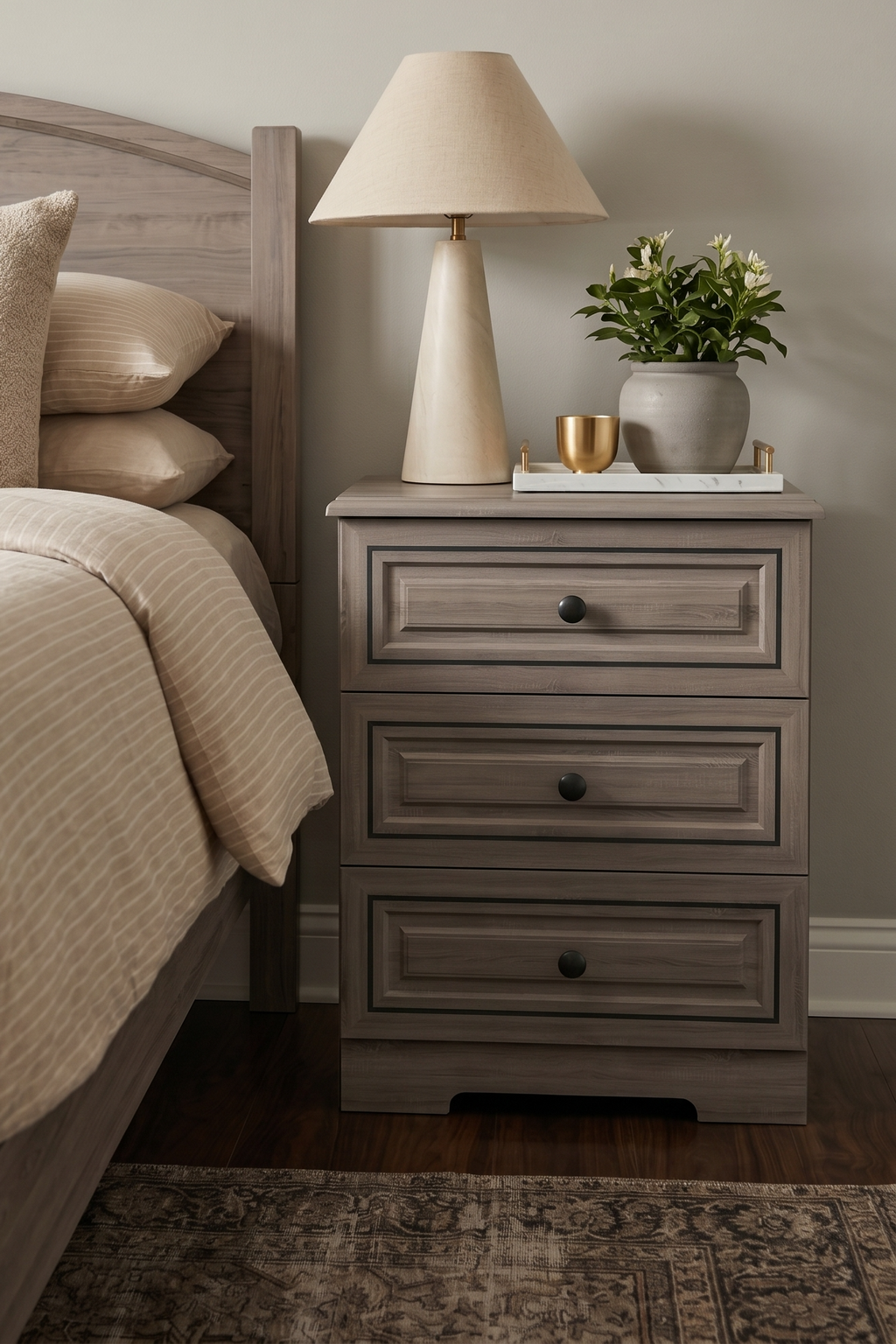 3-Drawer Wooden Nightstand with Contrast Trim | Farmhouse Bedside Storage Cabinet in 2 Wood Finishes for Bedroom