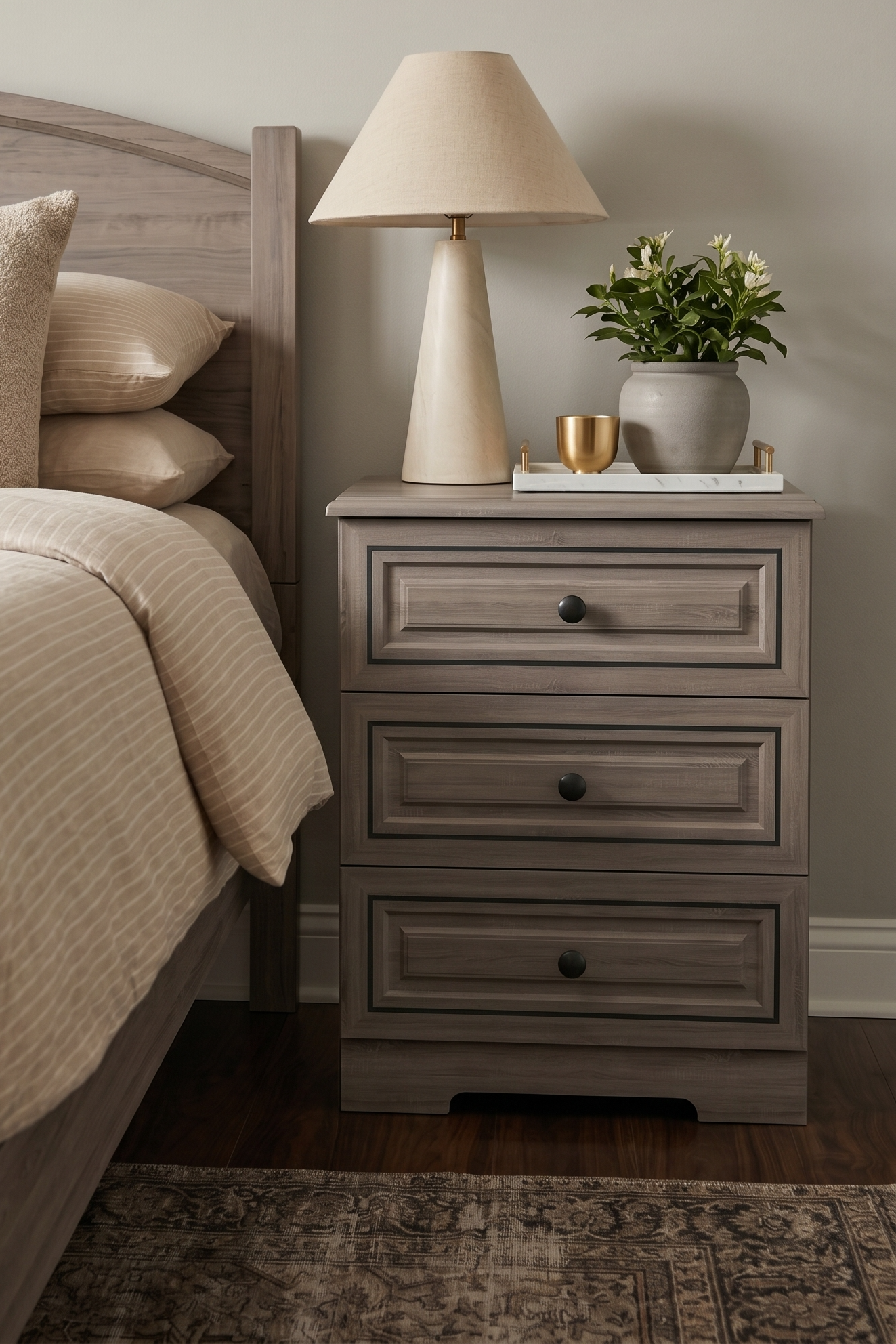3-Drawer Wooden Nightstand with Contrast Trim | Farmhouse Bedside Storage Cabinet in 2 Wood Finishes for Bedroom