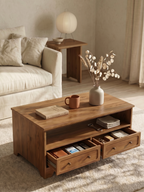 2-Drawer Rectangular Wooden Coffee Table | Farmhouse Storage Center Table with Open Compartment & Round Wood Knobs