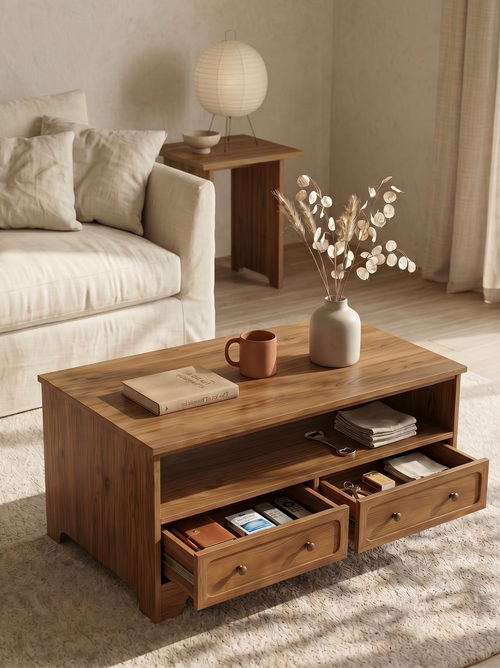 2-Drawer Rectangular Wooden Coffee Table | Farmhouse Storage Center Table with Open Compartment & Round Wood Knobs