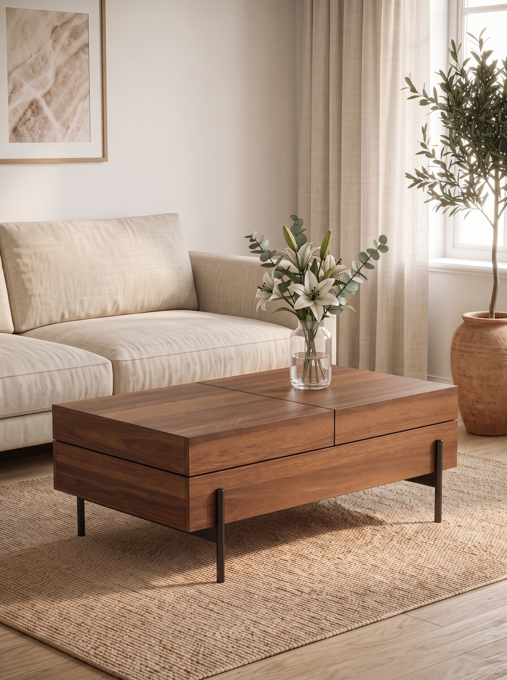 Sliding Lift-Top Wooden Storage Coffee Table, Rectangular Hidden Compartment Center Table with Divided Interior & Matte Metal Legs, Minimalist Living Room Storage Cocktail Table